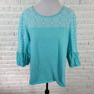 St Johns Bay Womens Top 1X Plus 3/4 Sleeve Blue Cotton Eyelet Lightweight BLU105